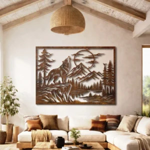 Howling Wolf Metal Wall Art, Oversized Rustic Forest Scene Decor, Optional RGB LED, Nature Lover Gift