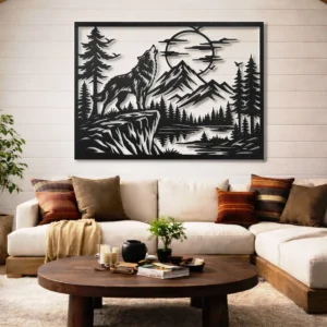 Howling Wolf Metal Wall Art, Oversized Rustic Forest Scene Decor, Optional RGB LED, Nature Lover Gift