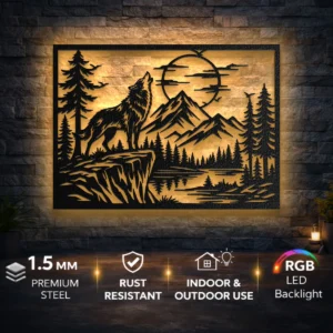 Howling Wolf Metal Wall Art, Oversized Rustic Forest Scene Decor, Optional RGB LED, Nature Lover Gift
