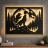 Oversized rustic metal howling wolf wall art with LED backlighting.
