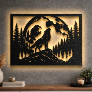 Oversized rustic metal howling wolf wall art with LED backlighting
