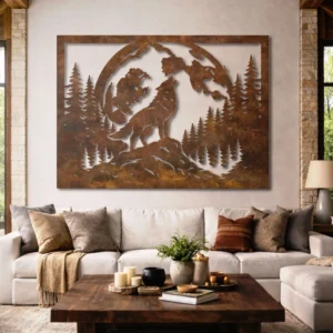 Howling Wolf Metal Wall Art, Oversized Rustic Forest Silhouette, Full Moon Design, Optional LED, Nature Lover Gift