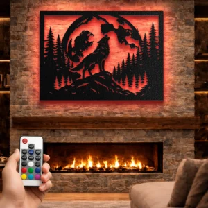 Howling Wolf Metal Wall Art, Oversized Rustic Forest Silhouette, Full Moon Design, Optional LED, Nature Lover Gift