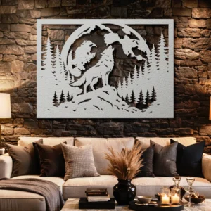 Howling Wolf Metal Wall Art, Oversized Rustic Forest Silhouette, Full Moon Design, Optional LED, Nature Lover Gift