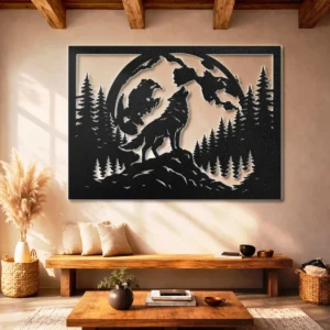 Howling Wolf Metal Wall Art, Oversized Rustic Forest Silhouette, Full Moon Design, Optional LED, Nature Lover Gift