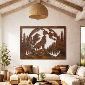 Howling Wolf Metal Wall Art, Oversized Rustic Forest Silhouette, Full Moon Design, Optional LED, Nature Lover Gift