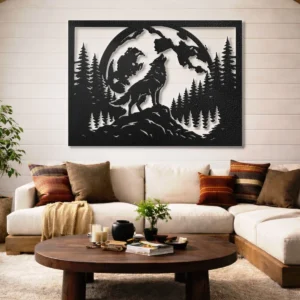 Howling Wolf Metal Wall Art, Oversized Rustic Forest Silhouette, Full Moon Design, Optional LED, Nature Lover Gift