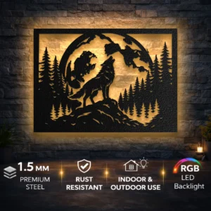 Howling Wolf Metal Wall Art, Oversized Rustic Forest Silhouette, Full Moon Design, Optional LED, Nature Lover Gift