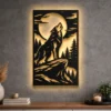 Large rustic howling wolf metal art with LED backlight.