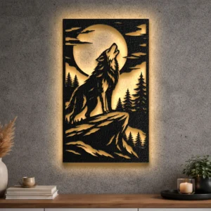 Large rustic howling wolf metal art with LED backlight
