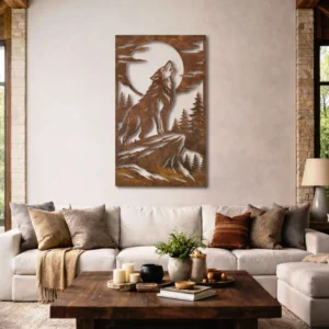 Howling Wolf Mountain Metal Art, Oversized Rustic Wildlife Decor, Optional RGB LED Backlight, Nature Lover Gift