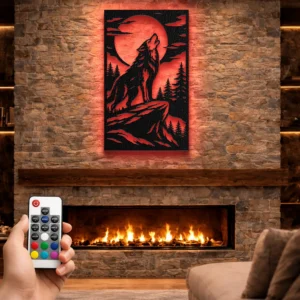 Howling Wolf Mountain Metal Art, Oversized Rustic Wildlife Decor, Optional RGB LED Backlight, Nature Lover Gift
