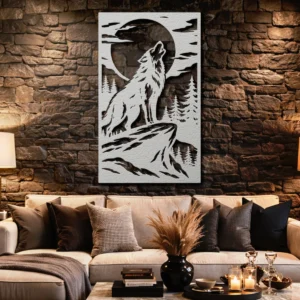 Howling Wolf Mountain Metal Art, Oversized Rustic Wildlife Decor, Optional RGB LED Backlight, Nature Lover Gift