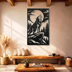 Howling Wolf Mountain Metal Art, Oversized Rustic Wildlife Decor, Optional RGB LED Backlight, Nature Lover Gift