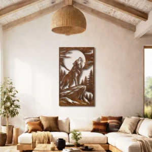 Howling Wolf Mountain Metal Art, Oversized Rustic Wildlife Decor, Optional RGB LED Backlight, Nature Lover Gift