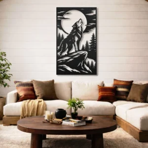 Howling Wolf Mountain Metal Art, Oversized Rustic Wildlife Decor, Optional RGB LED Backlight, Nature Lover Gift