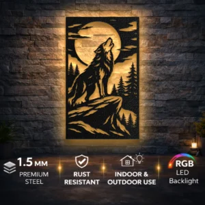 Howling Wolf Mountain Metal Art, Oversized Rustic Wildlife Decor, Optional RGB LED Backlight, Nature Lover Gift