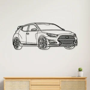 Black metal Hyundai Veloster N silhouette wall art on a white wall above a wooden cabinet.