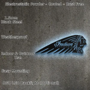 Indian Metal Wall Art, Iconic Chief Head Decor, RGB LED Garage Sign, Biker Enthusiast Gift