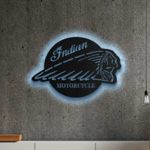 Black metal Indian Motorcycle logo wall art with blue LED backlight.