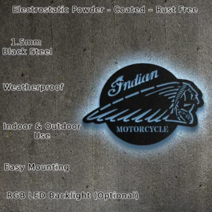 Indian Motorcycle Metal Logo, Iconic Rider Art, RGB LED Garage Sign, Biker Fan Gift