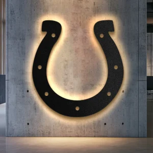 Black metal Indianapolis Colts horseshoe logo wall art with bright LED backlighting.