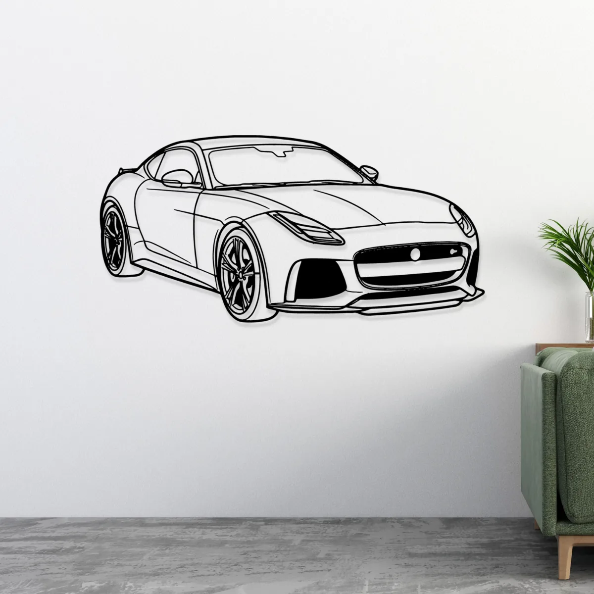 Detailed laser cut Jaguar F Type R metal sign on a white wall
