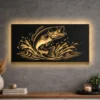A large jumping fish metal wall art with a vibrant RGB LED backlight.