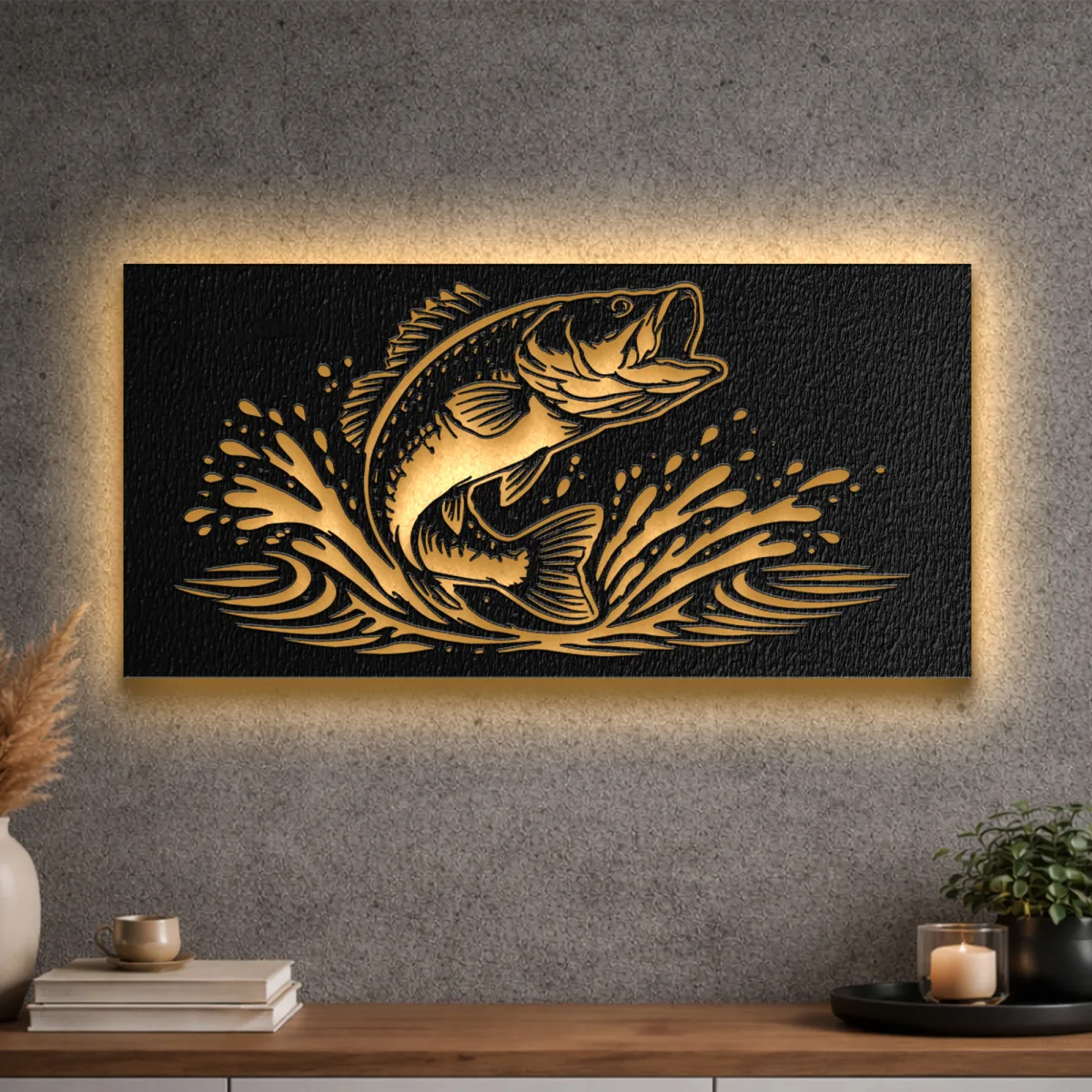 Jumping Fish Metal Wall Art Oversized Rustic Fishing Decor Optional RGB LED Angler Gift Fabia Home A large jumping fish metal wall art with a vibrant RGB LED backlight