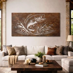 Jumping Fish Metal Wall Art, Oversized Rustic Fishing Decor, Optional RGB LED, Angler Gift