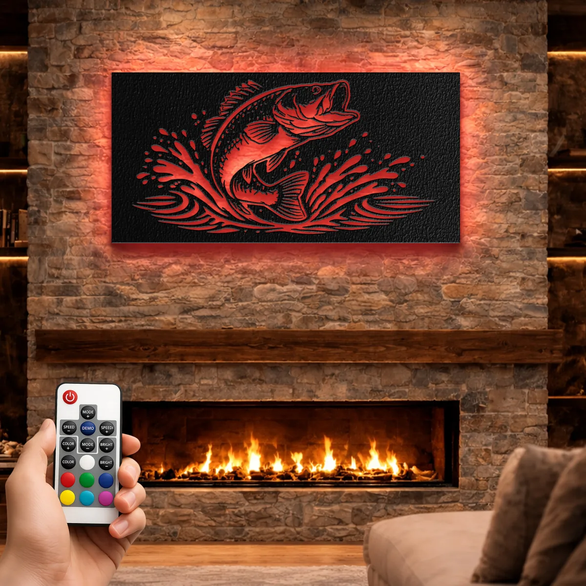 Jumping Fish Metal Wall Art Oversized Rustic Fishing Decor Optional RGB LED Angler Gift Fabia Home Detailed view of the jumping fish art highlighting its metallic texture and 3D shadow