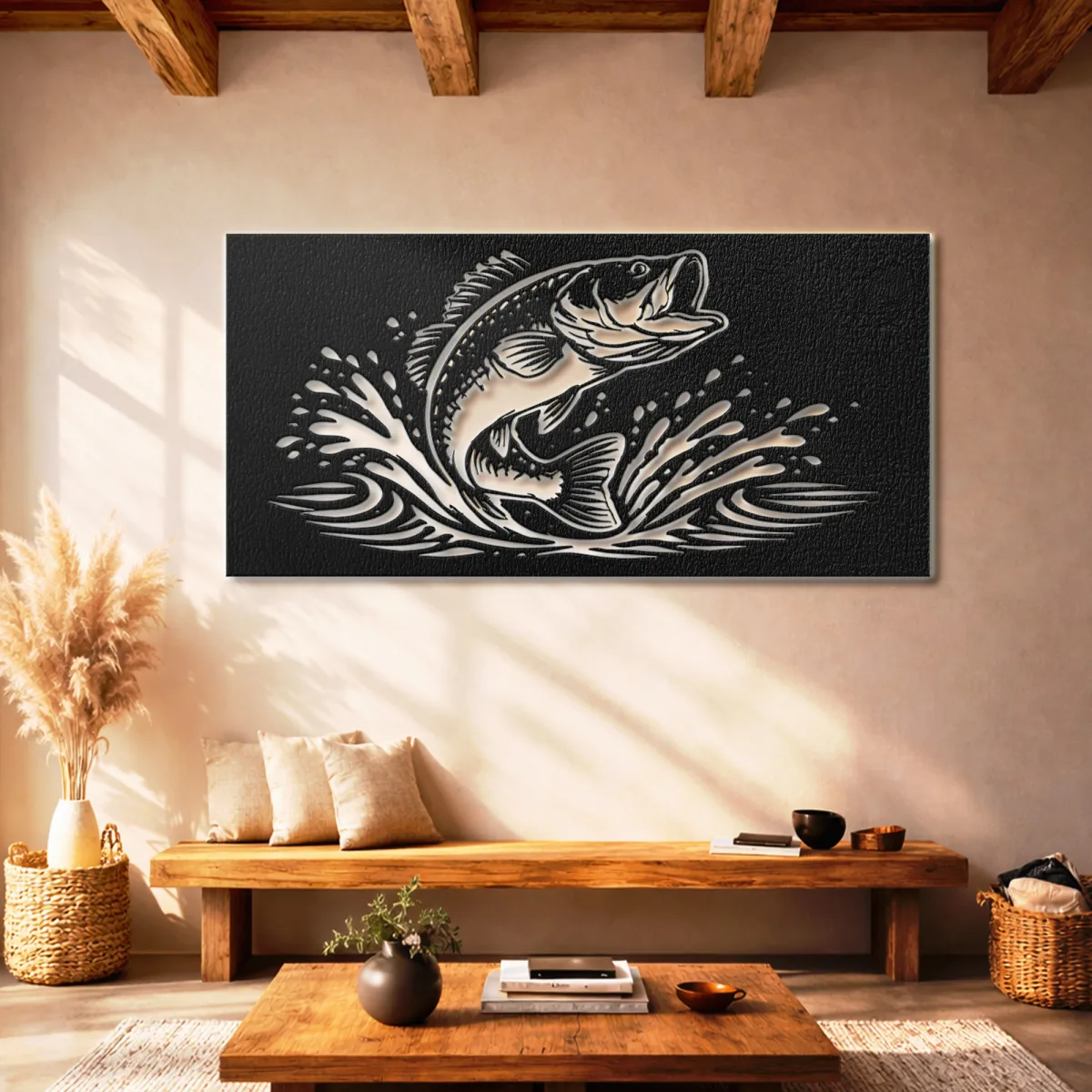 Jumping Fish Metal Wall Art Oversized Rustic Fishing Decor Optional RGB LED Angler Gift Fabia Home An anglers dream gift a large metal fish art with optional LED lighting