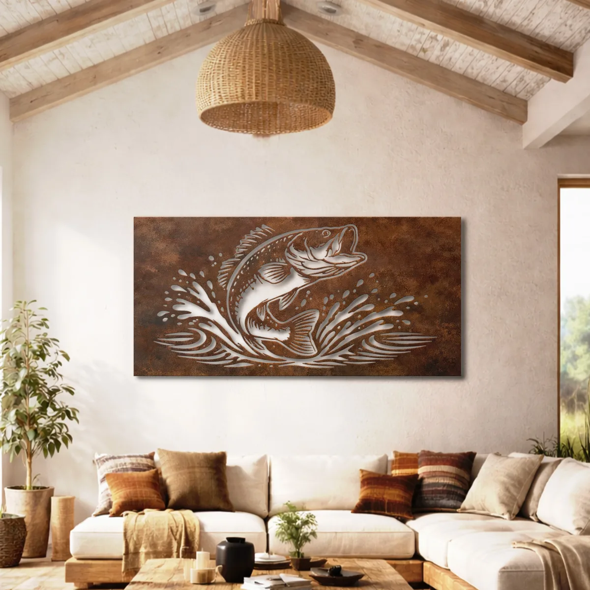 Jumping Fish Metal Wall Art Oversized Rustic Fishing Decor Optional RGB LED Angler Gift Fabia Home Close up of the unique hand painted rustic finish on the jumping fish metal art