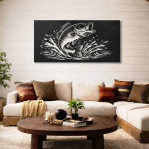 Jumping Fish Metal Wall Art, Oversized Rustic Fishing Decor, Optional RGB LED, Angler Gift