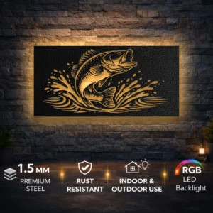 Jumping Fish Metal Wall Art, Oversized Rustic Fishing Decor, Optional RGB LED, Angler Gift