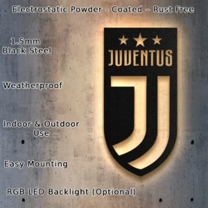 Juventus Metal Logo Sign, Iconic Football Club Art, LED Game Room Decor, Soccer Fan Gift