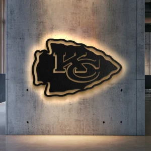 Black metal Kansas City Chiefs arrowhead logo wall art with glowing LED backlighting.