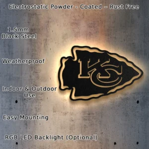 Kansas City Chiefs Metal Logo Art, Arrowhead NFL Decor, LED Game Day Sign, Football Fan Present