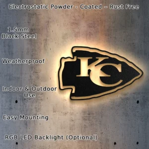 Kansas City Chiefs Metal Logo, Electrifying NFL Wall Art, Backlit Game Room Decor, Football Fan Gift Idea