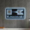 Kawasaki metal logo wall art with blue LED backlight.
