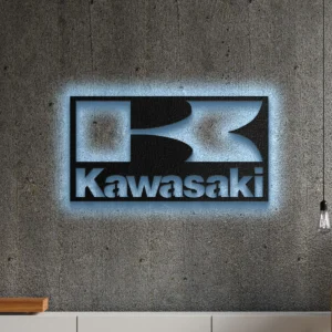 Kawasaki metal logo wall art with blue LED backlight.