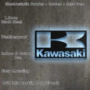 Kawasaki Metal Logo, Dynamic Motorcycle Art, RGB LED Garage Sign, Rider's Dream Gift