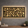 Large rustic leaf pattern metal wall art with warm LED backlight.