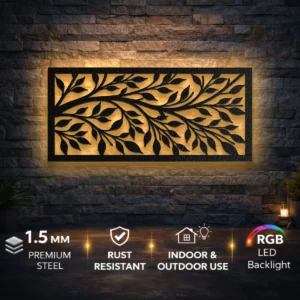 Leaf Pattern Metal Wall Art, Oversized Rustic Botanical Decor, Optional RGB LED, Nature Lover Gift