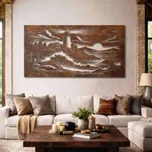 Lighthouse Coastal Waves Metal Art, Oversized Rustic Seascape Wall Art, Optional RGB LED, Coastal Home Decor Gift