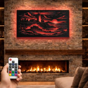 Lighthouse Coastal Waves Metal Art, Oversized Rustic Seascape Wall Art, Optional RGB LED, Coastal Home Decor Gift