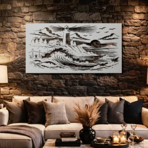 Lighthouse Coastal Waves Metal Art, Oversized Rustic Seascape Wall Art, Optional RGB LED, Coastal Home Decor Gift