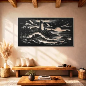 Lighthouse Coastal Waves Metal Art, Oversized Rustic Seascape Wall Art, Optional RGB LED, Coastal Home Decor Gift