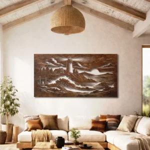 Lighthouse Coastal Waves Metal Art, Oversized Rustic Seascape Wall Art, Optional RGB LED, Coastal Home Decor Gift