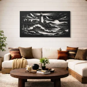 Lighthouse Coastal Waves Metal Art, Oversized Rustic Seascape Wall Art, Optional RGB LED, Coastal Home Decor Gift